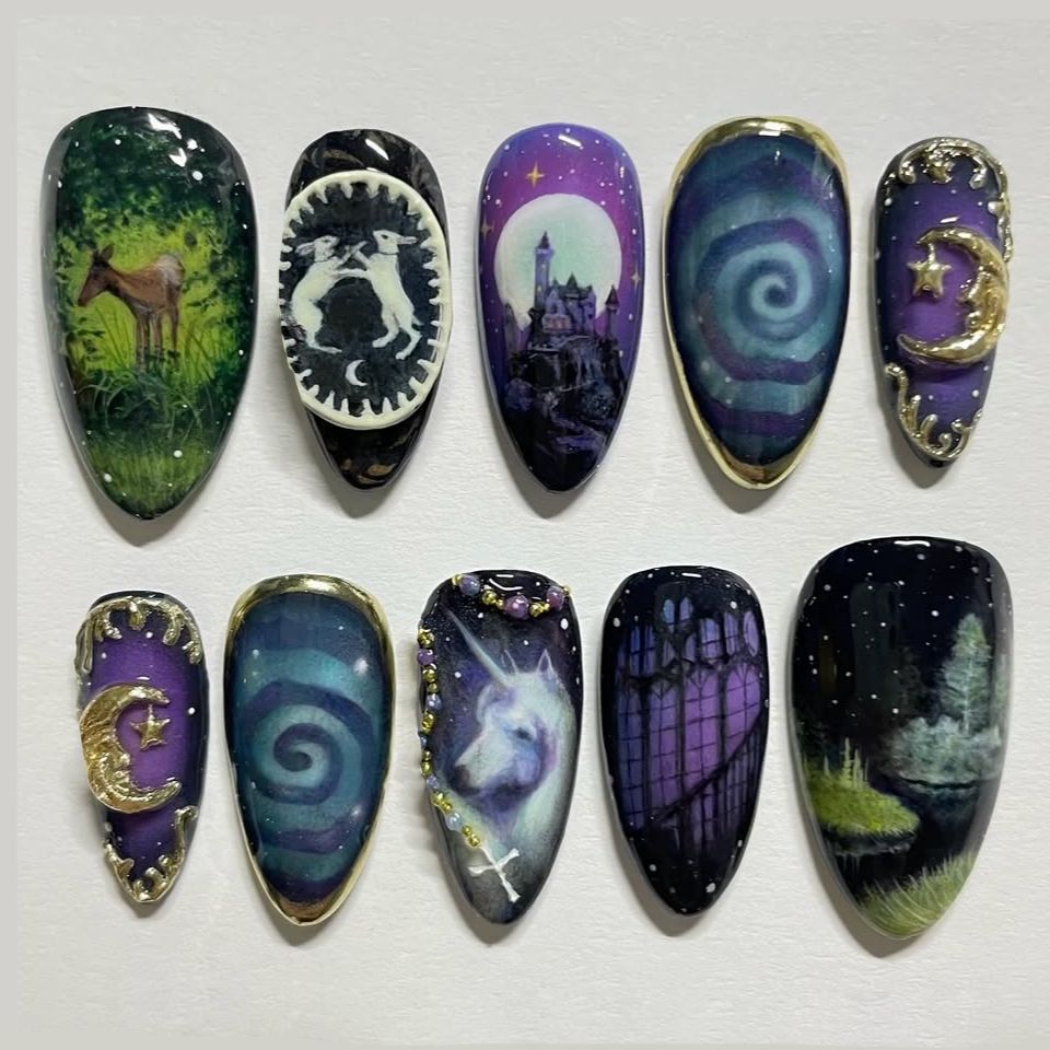 Nail Art Y2K - 24pcs Fantasy Celestial Horse Fake Nails