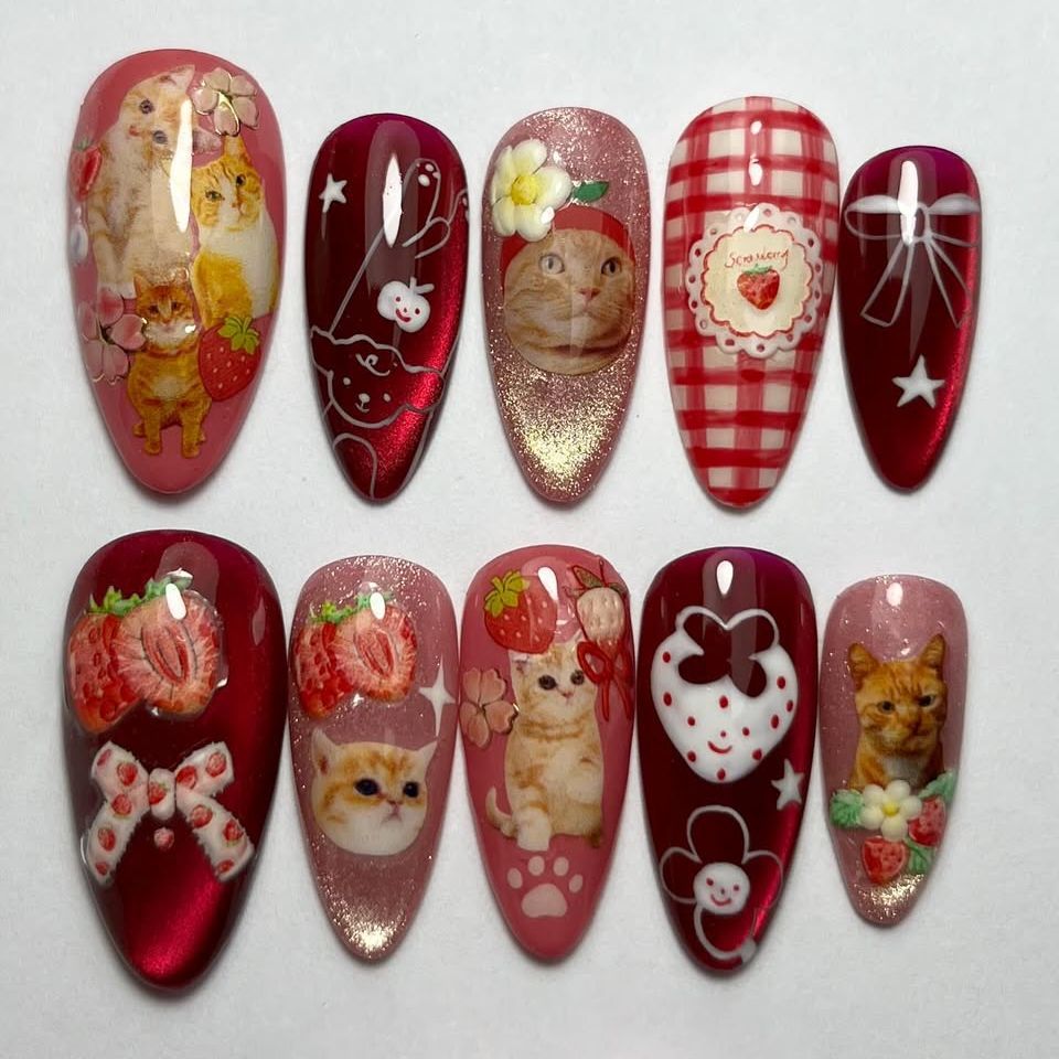 24pcs Strawberry Cat's Eye Pre - Nail Art Y2K recension och pris
